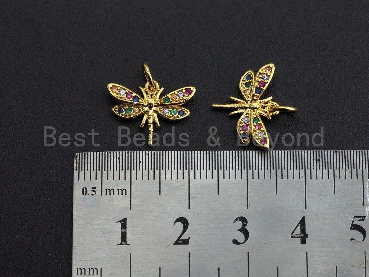 BestBeads&Beyond - Wholesale Individual Charm/Pendant - Colorful CZ Micro Pave Dragonfly Shape Pendant,Cubic Zirconia Dragonfly Charm, Gold Tone, 12x16mm,sku#Z7394