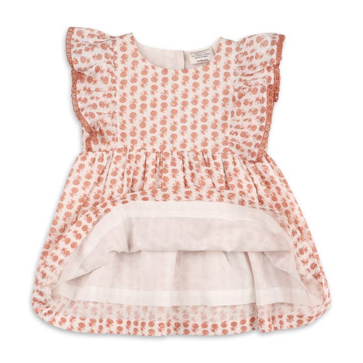 Terracotta floreale Abito da bambino floreale in cotone Heather Dobby + Bloomer (biologico) in vendita all'ingrosso su Faire3