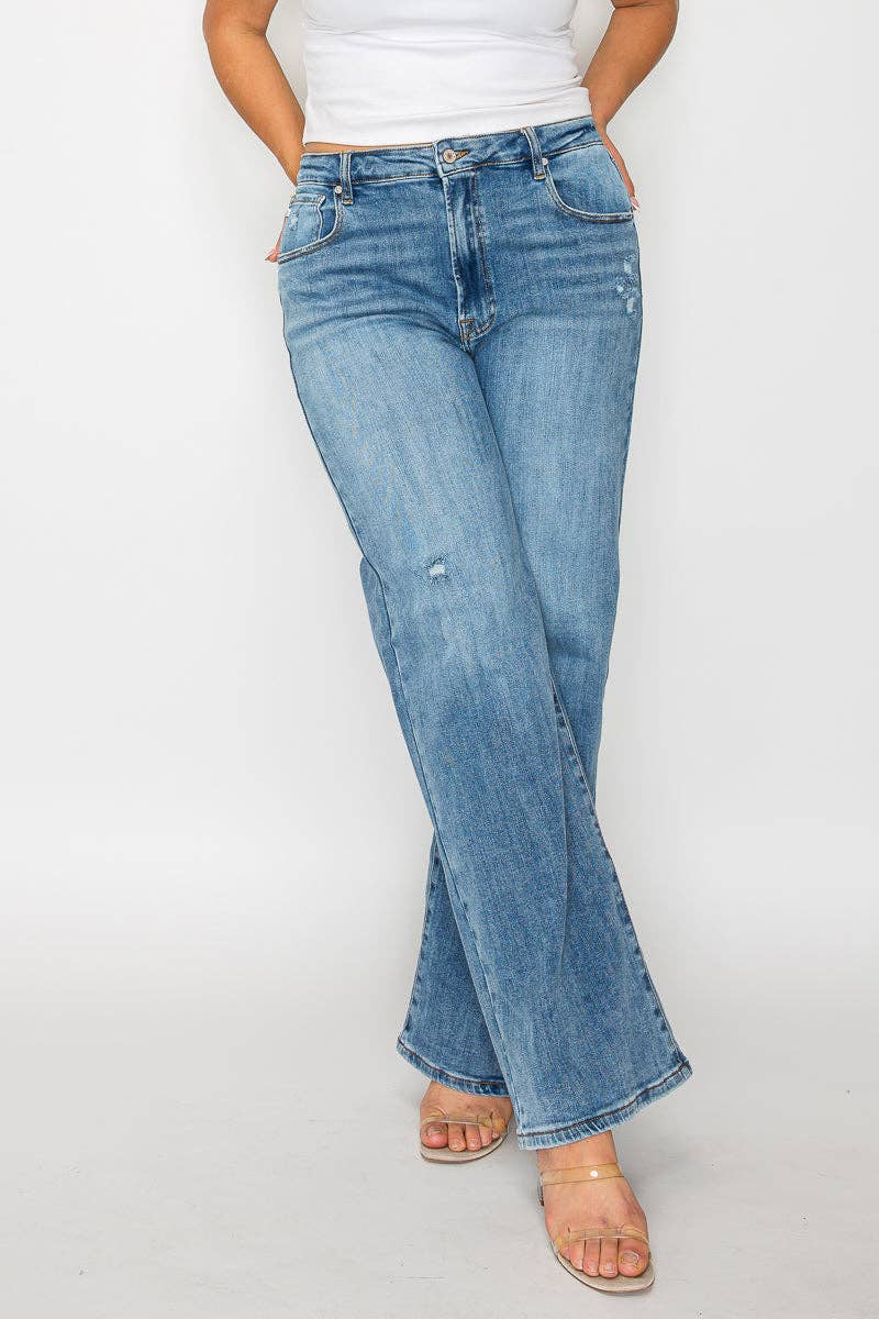 Blå Jeans med høj talje og vide ben i plus size #BT5016X for engroshandel på Faire9