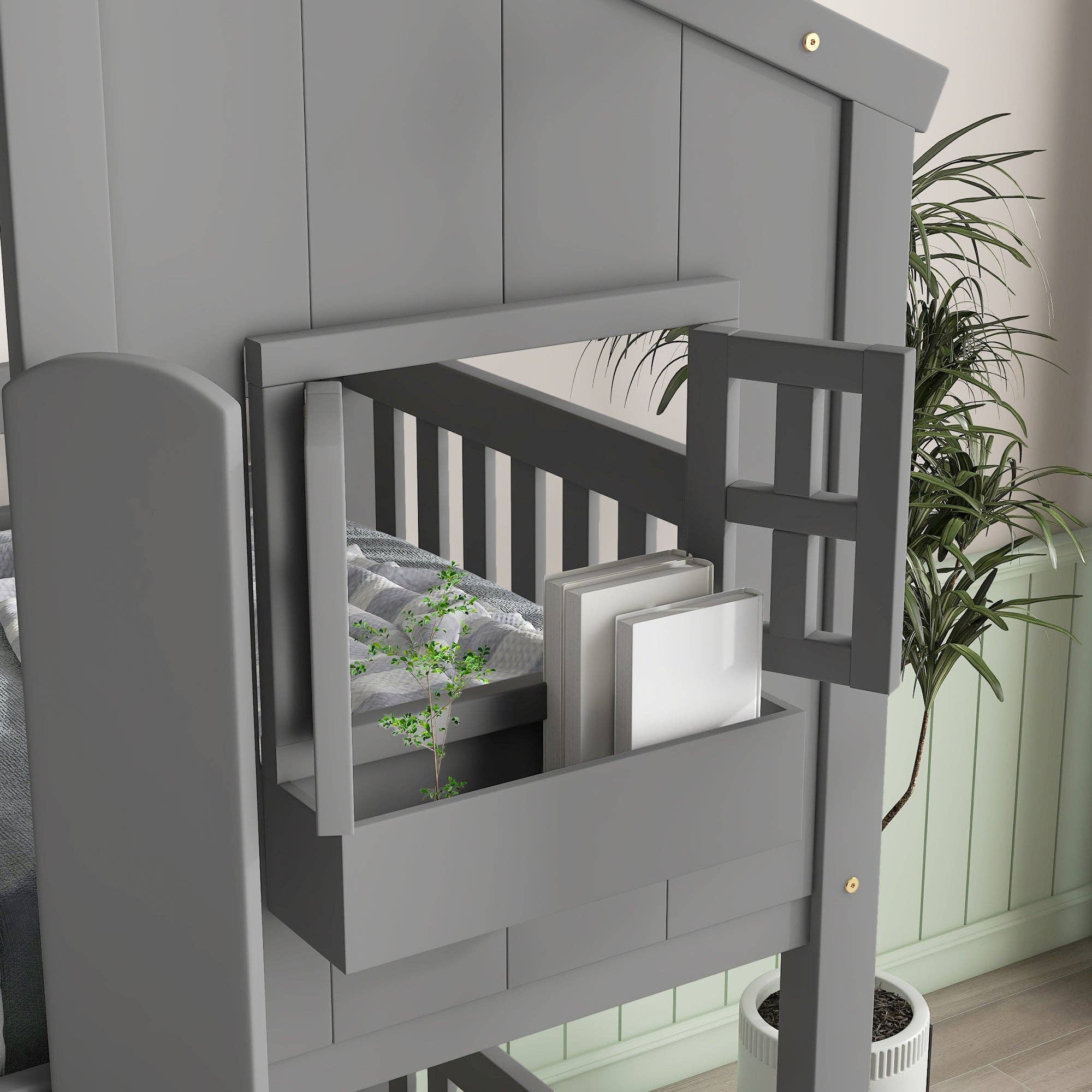 39F Inc. - Wholesale Bed - Kids & Baby - Grey Twin over Twin House Bunk Bed with Roof, Guardrails 5