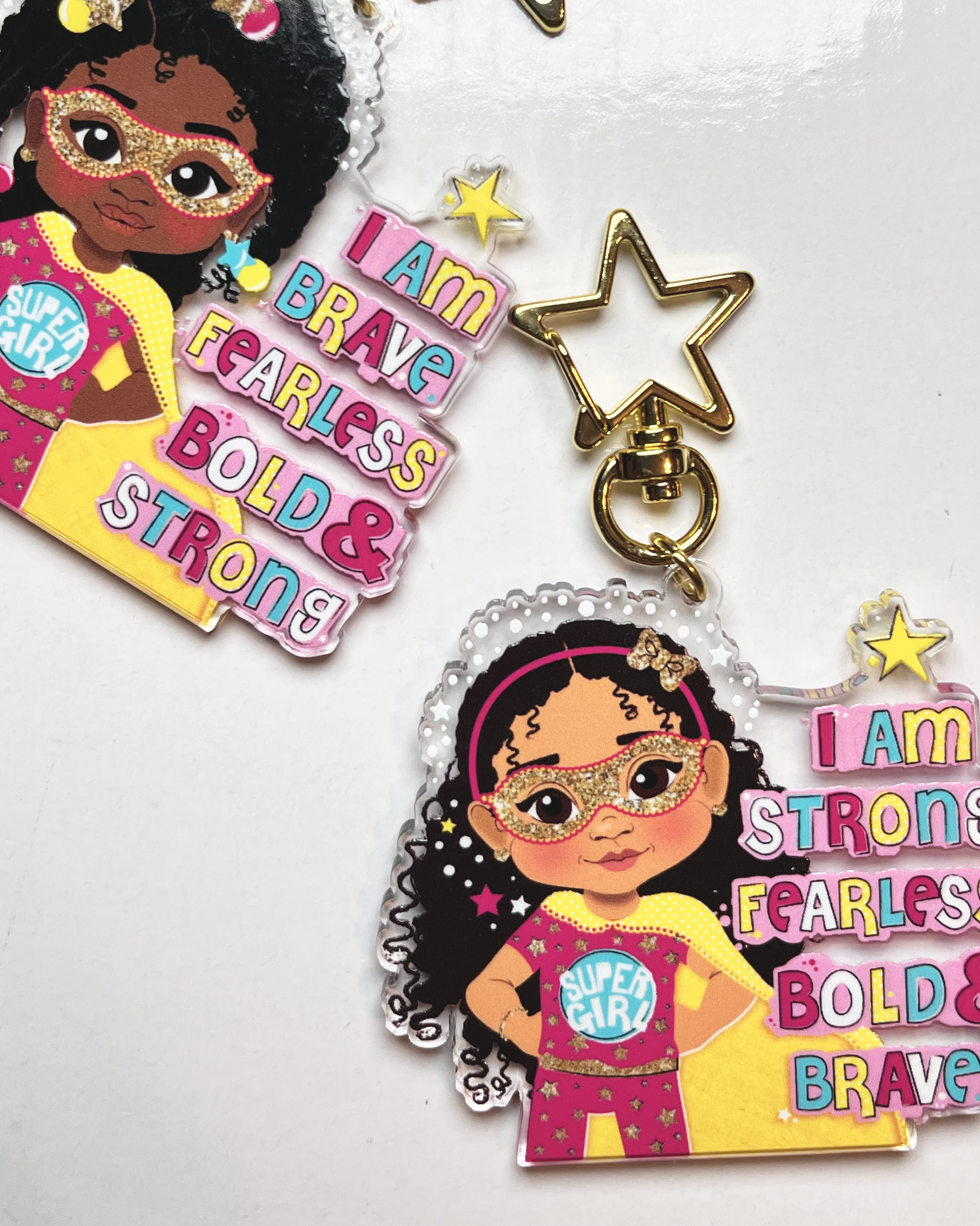 Fefus Designs - Wholesale Keychain - Kids - Black Girl Superhero Keyring – Empowering Recycled Acrylic Bag Charm for Kids | Afro Girl Keychain by Fefus Designs6