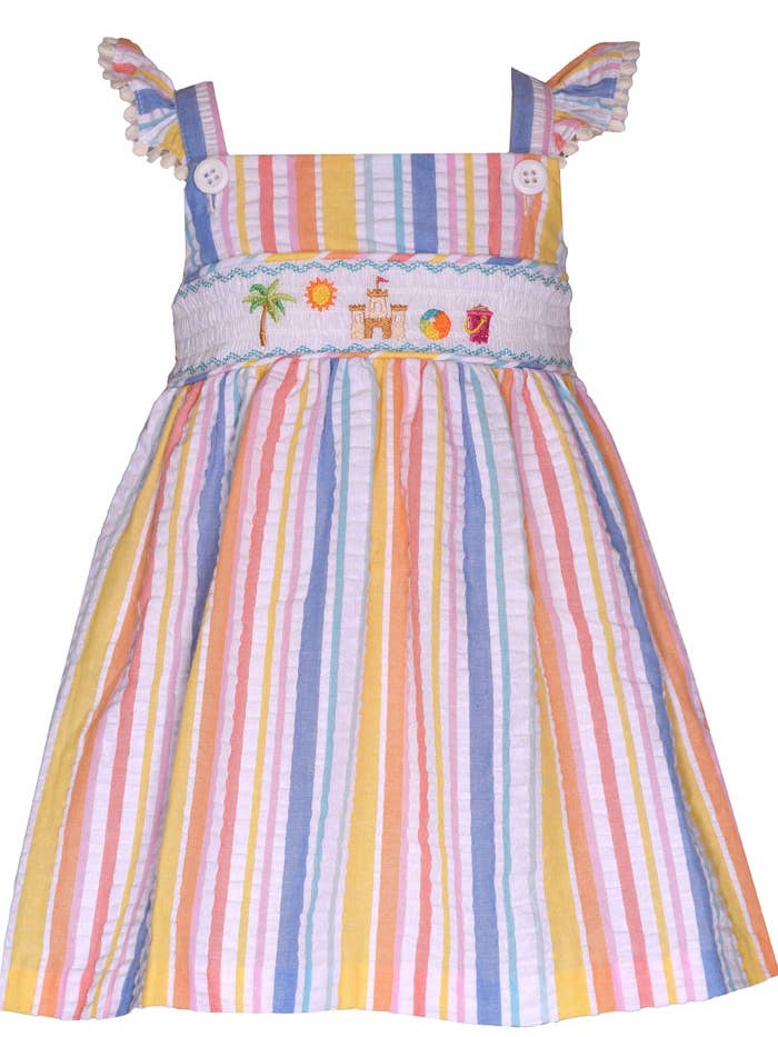 Vestido fruncido con escena de playa para niña para venta al por mayor de Bonnie Jean
