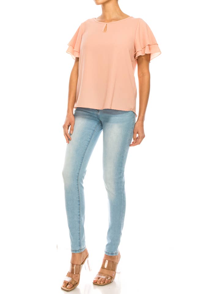 MOA COLLECTION - Wholesale Blouse - Women's - Casual Solid Flowy Short Flutter Sleeve Key Hole Blouse23