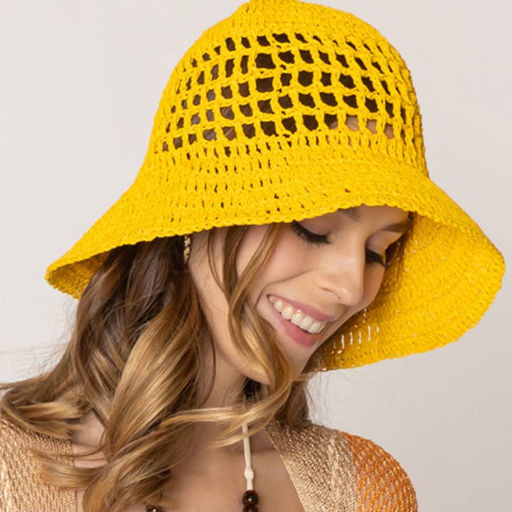 Chapeau seau en crochet Solid Summer Beach Straw pour la vente par Fashion City