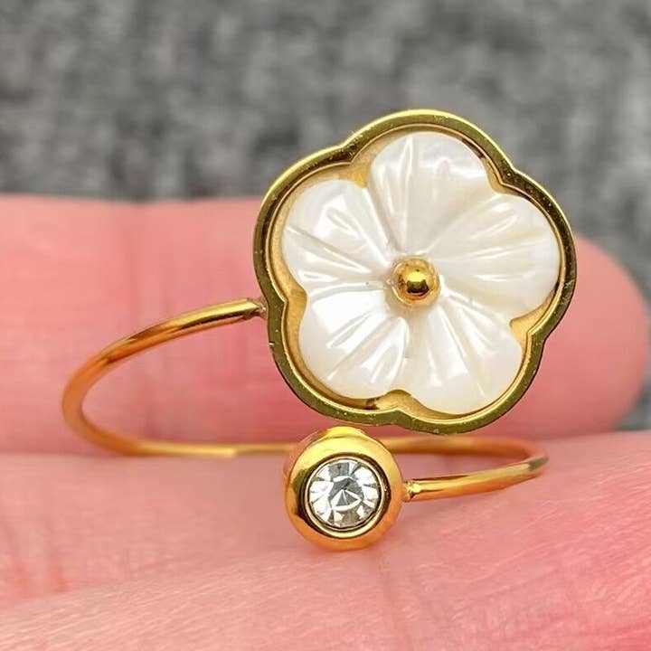 Shell Flower Inlay CZ 18K Golden SS Adjustable Ring - FGS for wholesale by Mio Queena