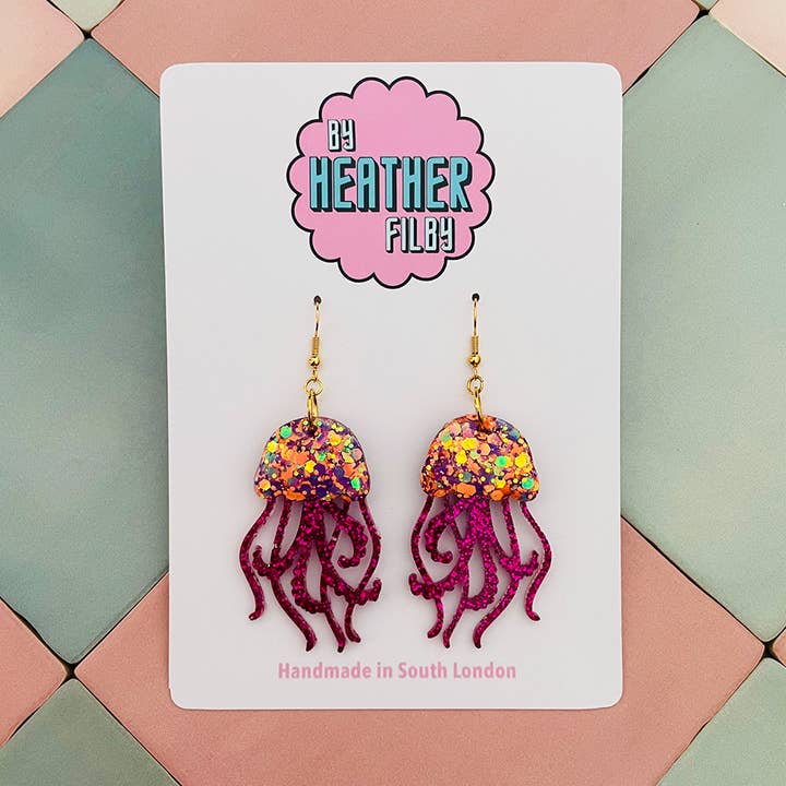 Ohrringe mit orangefarbenen und leuchtend pinken Quallen-Glitzer - Bestseller für den Großhandel von By Heather Filby