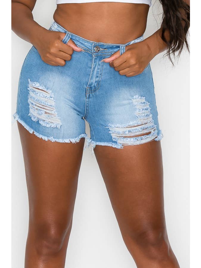 MID BLUE S-2104 HIGH RISE SEXY DISTRESSED WOMEN DENIM SHORTS for wholesale on Faire1