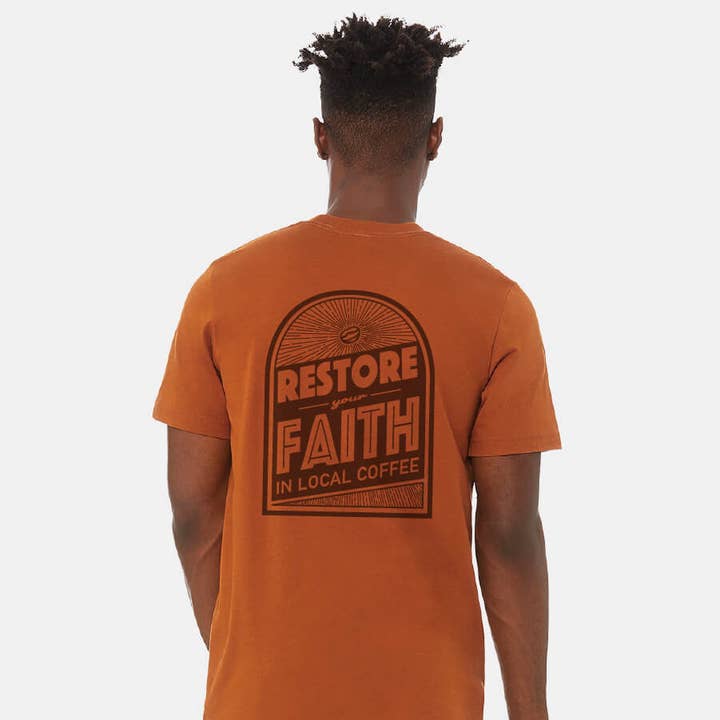 Restaura tu fe en la camiseta de café local (Heather Autumn) - Unisex para venta al por mayor de Temple Grounds Coffee Company