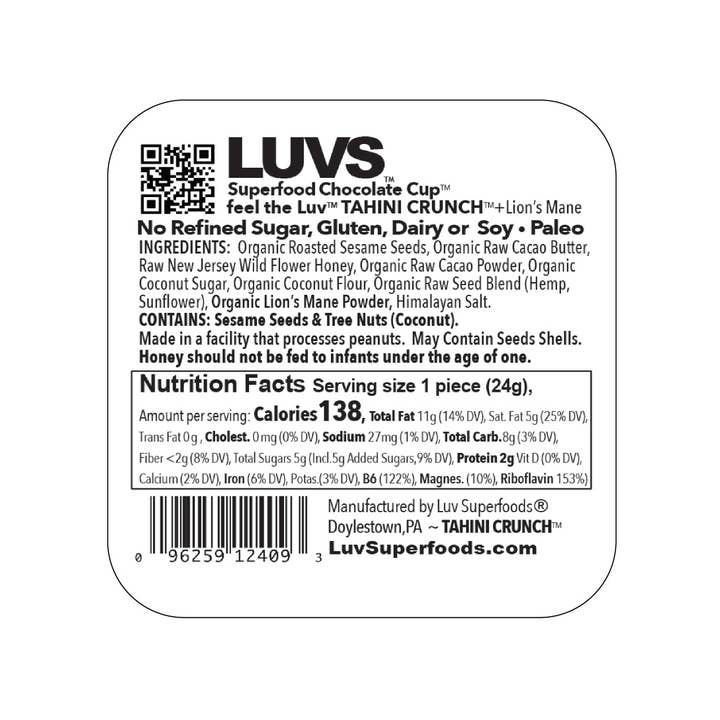 LUV Superfoods - Wholesale Chocolate Covered Sweets - Tahini Crunch +Ashwagandha Superfood Dark Chocolate Cups