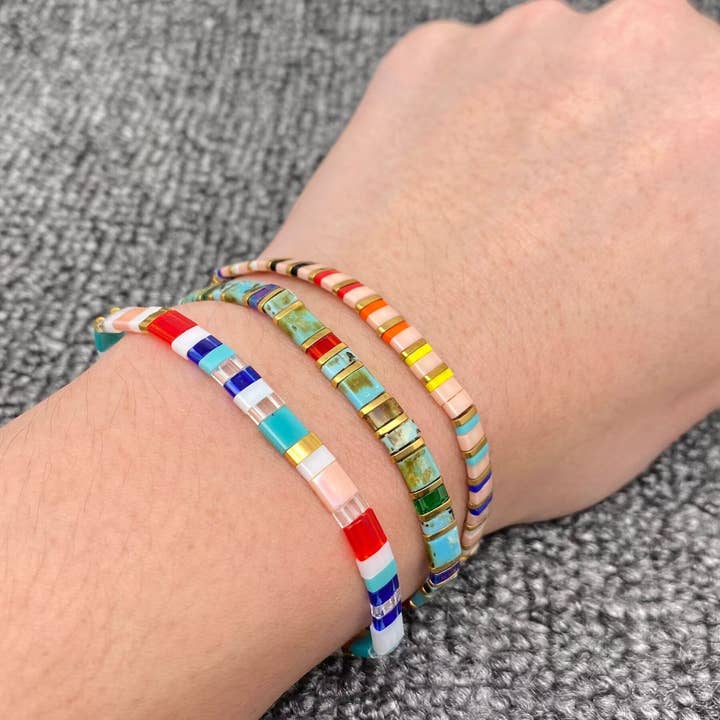 Mio Queena - Wholesale Beaded Bracelet - Boho Glass & Hematite Beaded TILA Beads Stretch Bracelet -BJ