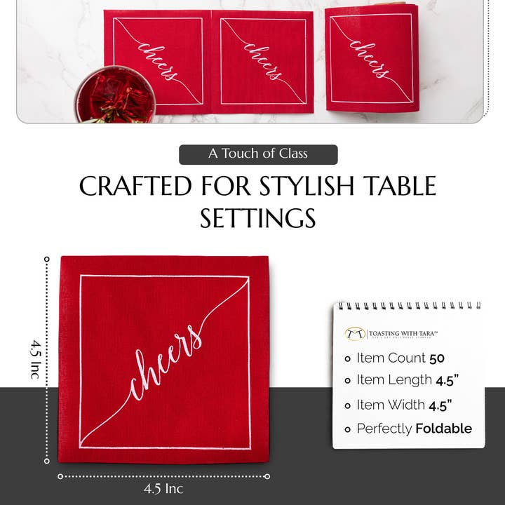Table Theory (Formerly Toasting with Tara) - Wholesale Disposable Napkin - Cotton Cocktail Napkin Roll: The Red Carpet - White "Cheers"3