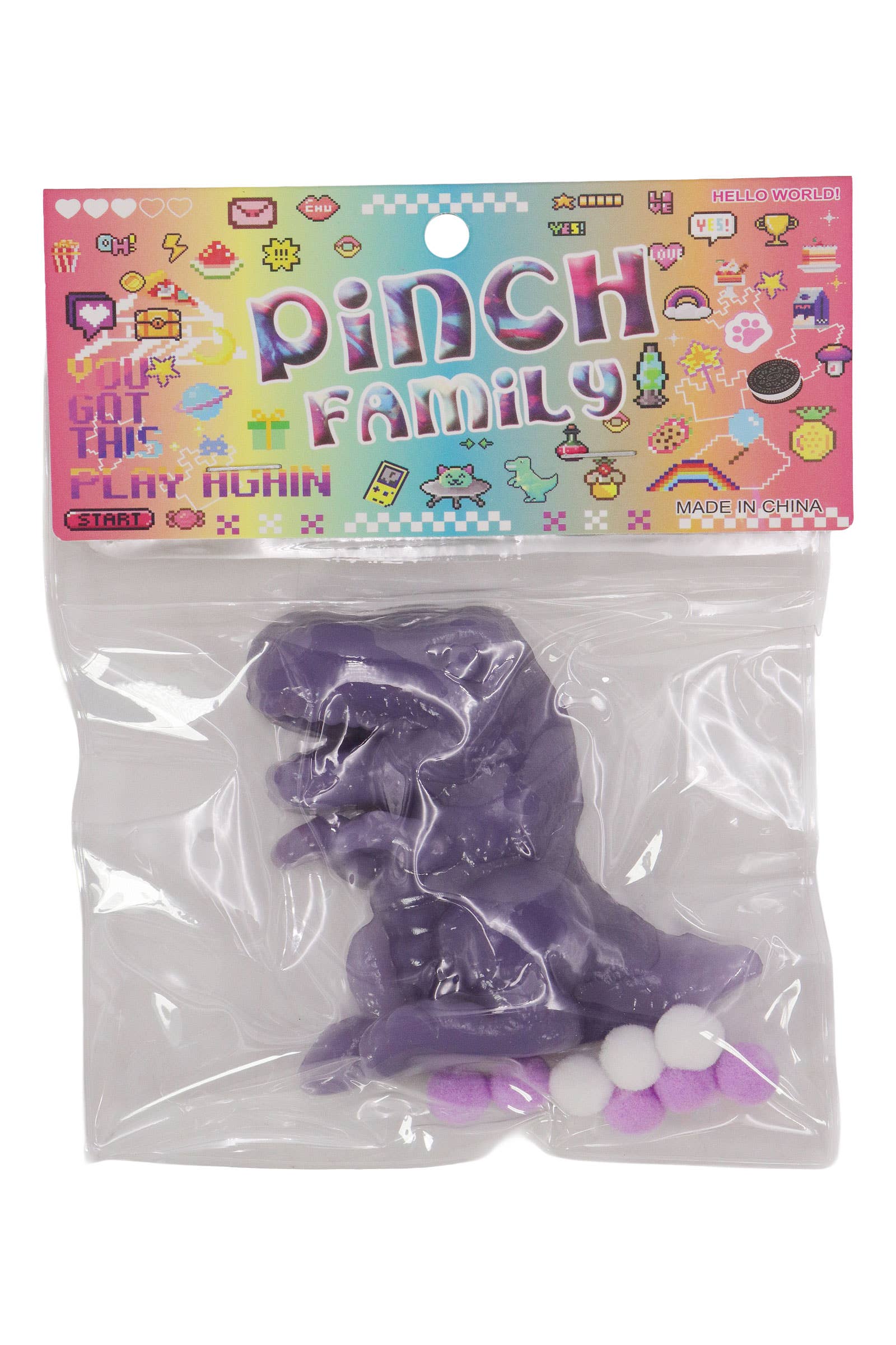 ASSORTED T-rex Dinosaur Sticky Mochi Pom Pom Squishy Bag for wholesale on Faire7