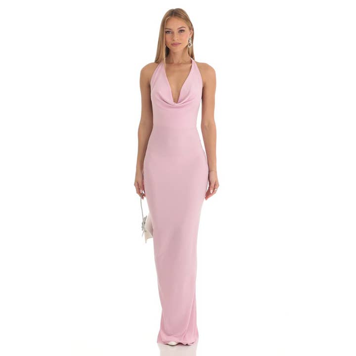 Lucy In The Sky - Wholesale Dress - Women's - Gathered Back Halter BodyCon Maxi Dress in Pink