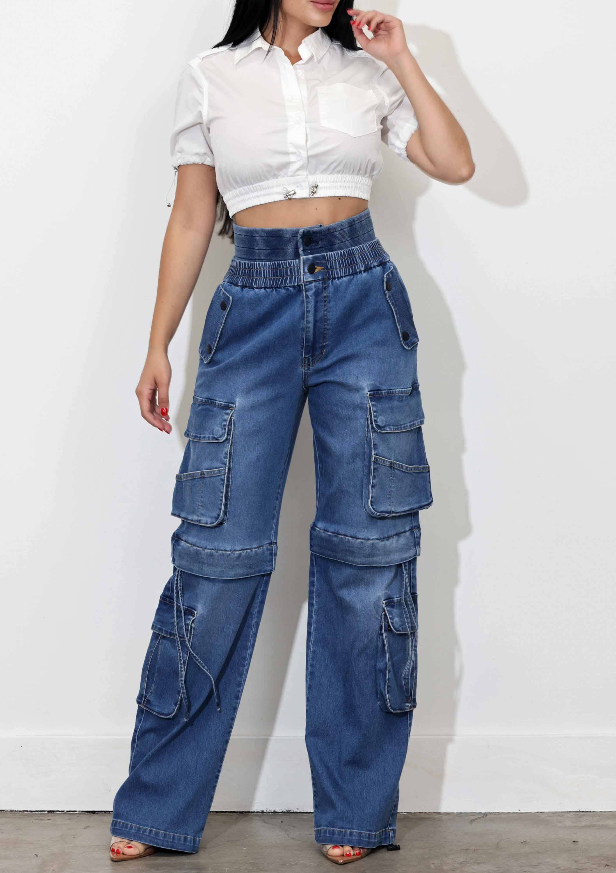 Medium Stone Convertible Baggycargojeans With Double Waist Band for wholesale on Faire