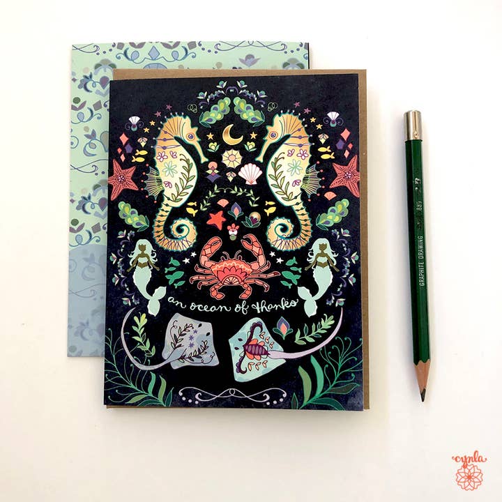 Cynla – Engroshandel Takkekort – Tak Ocean lykønskningskort- havet havfrue søhest krabbe