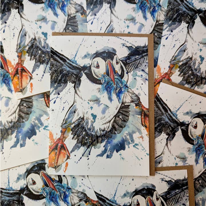Flying Puffin-Karte „Fish Supper“ für den Großhandel von Tori Ratcliffe Art
