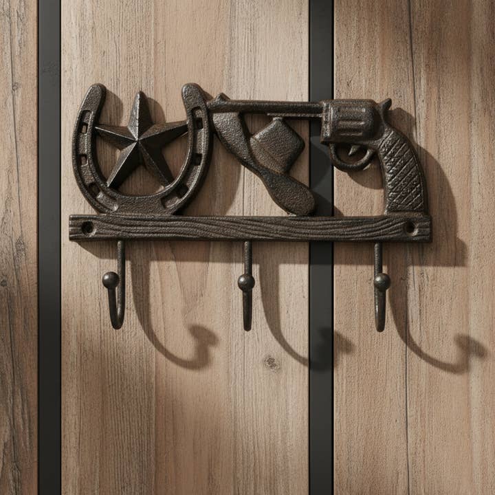 Frontier Cast Iron Cowboy Hook - Star, Horseshoe & Revolver Accent for wholesale by Iron & Blossom