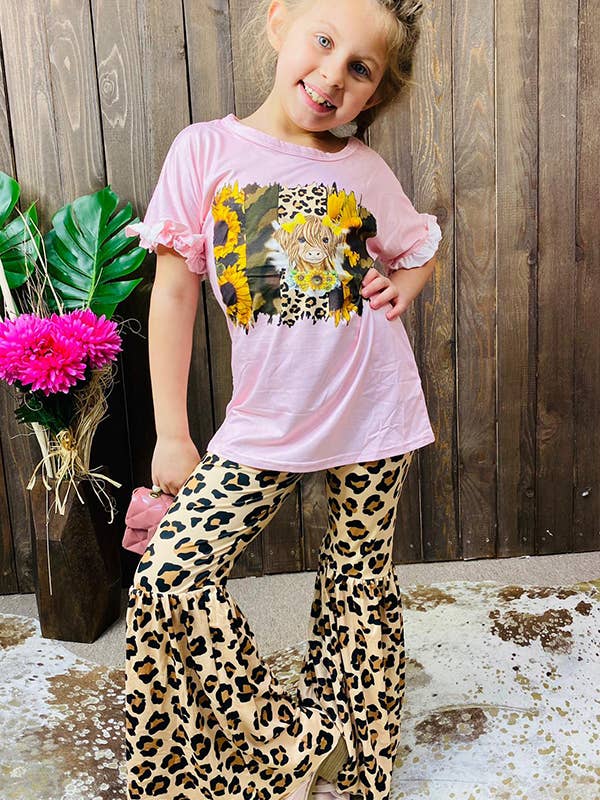 Pink leopard & cow printed top & pant 2pc girls sets for wholesale by luluclothes
