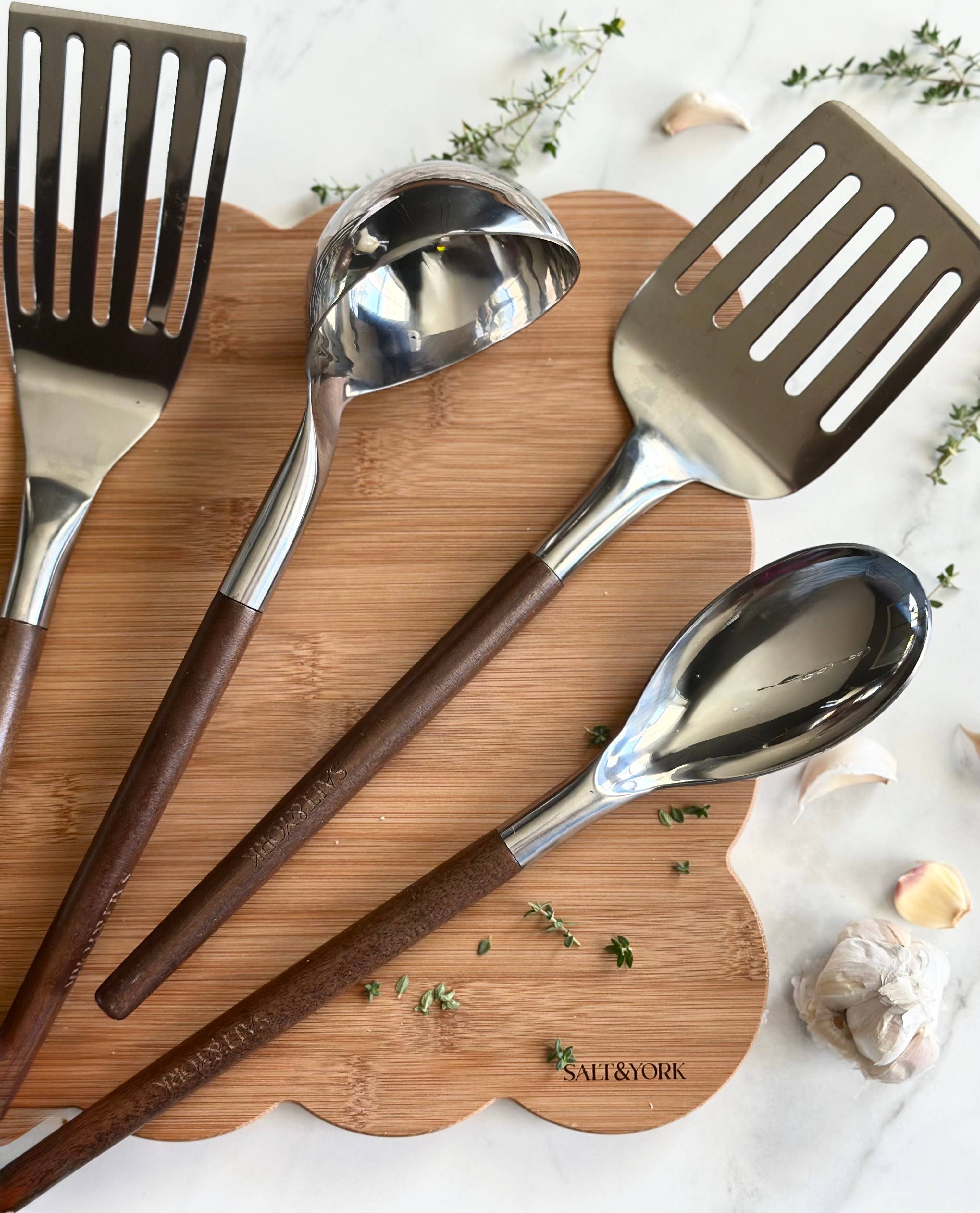 Salt & York - Wholesale Kitchen Utensil Set - 4 Piece Olive Wood or Walnut Wood Handle Utensil Set with St8