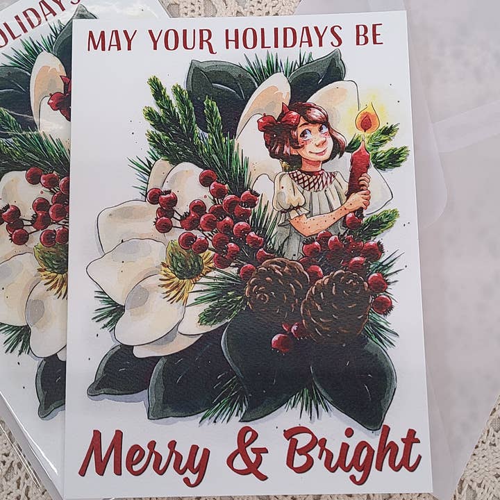 "Merry and Bright" 5"x7" Holiday Card with Envelope for wholesale by Nattosoup Studio