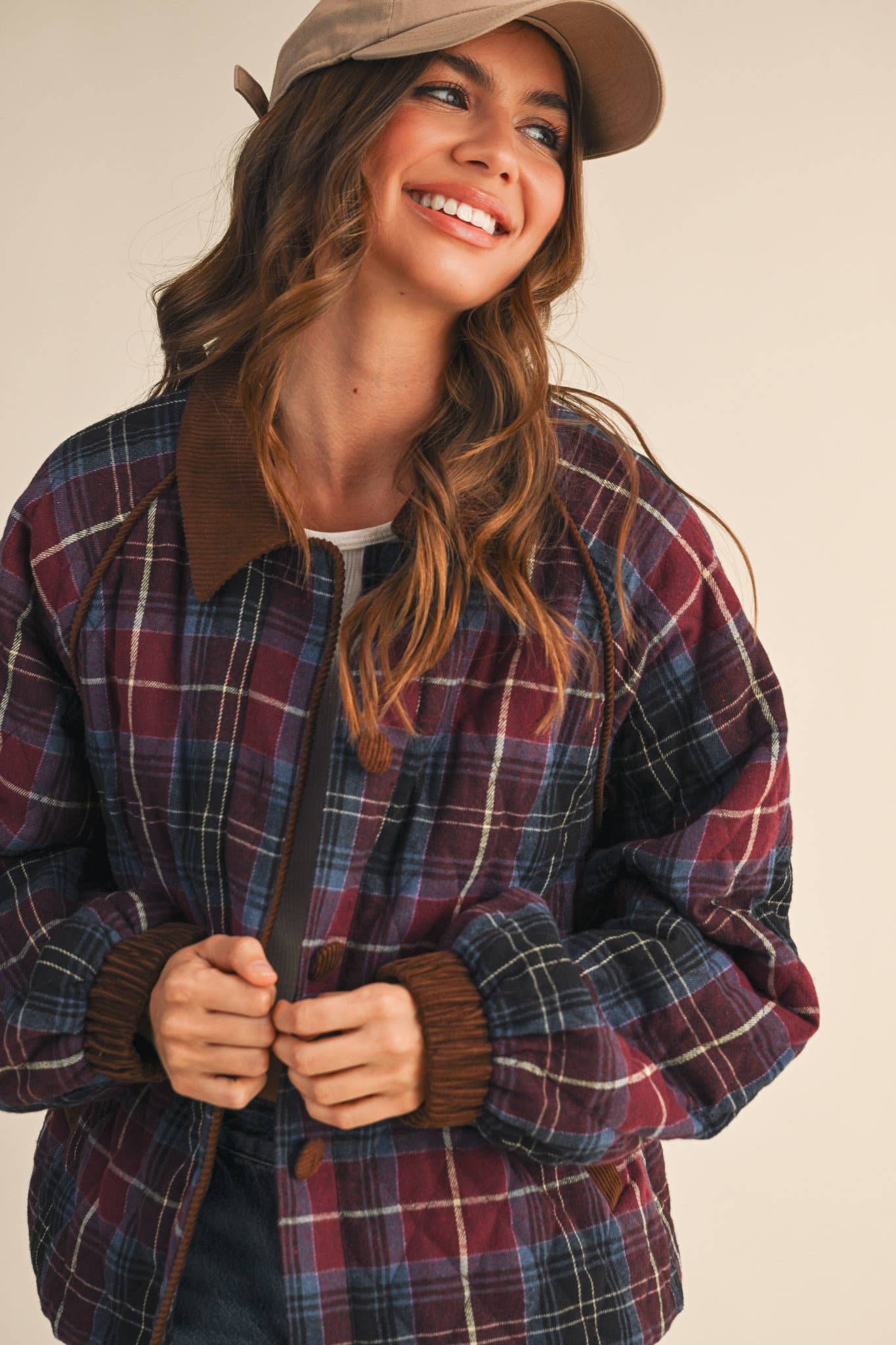 &MERCI - Wholesale Jacket - Women's - PLAID QUILTED JACKET WITH CONTRAST CORDUROY DETAIL MJK411523