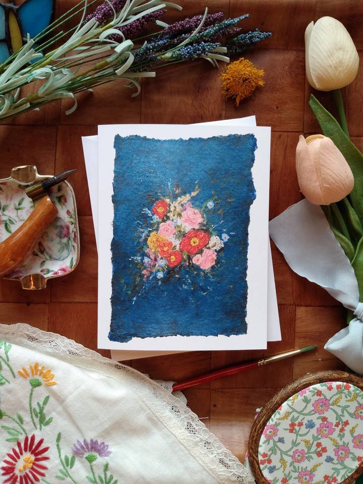 "Moody Blue" Floral Bouquet Greeting Card for wholesale by Babushka Paperie