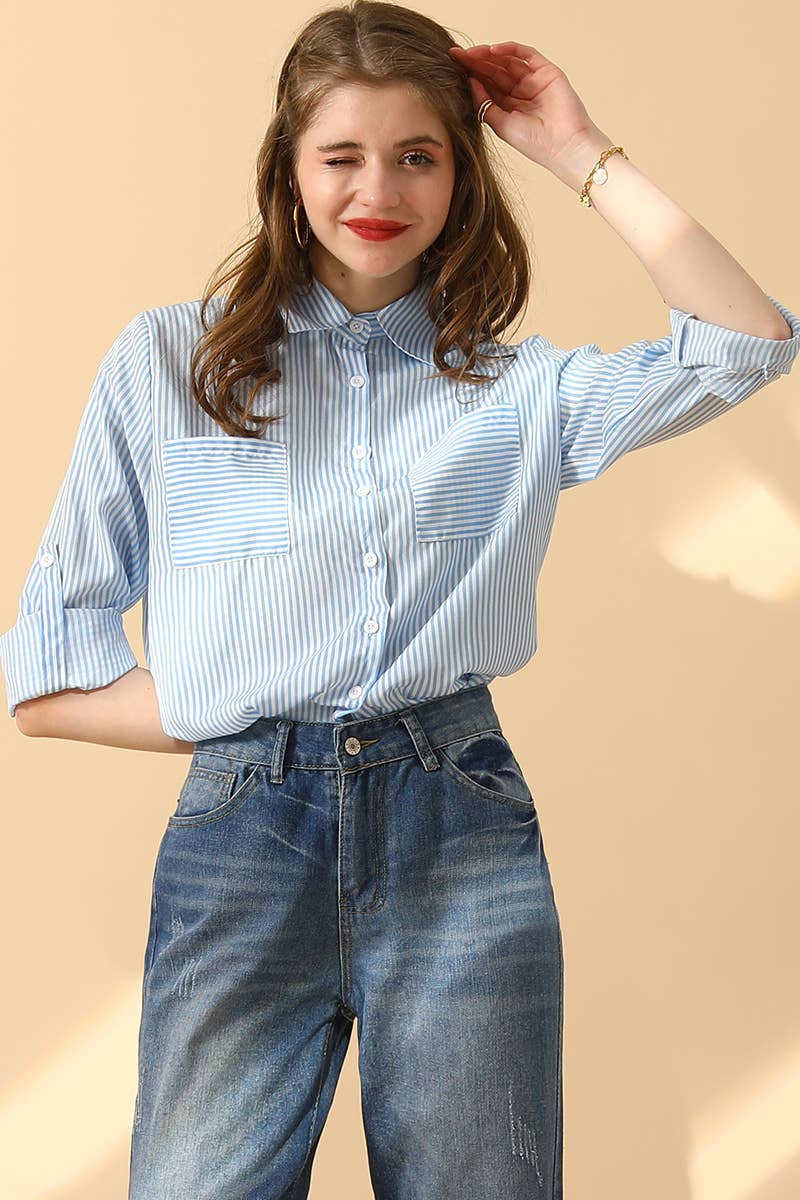 NINEXIS - Wholesale Button Down Shirt - Women's - CWTSTL716_Striped Button Down Long Sleeve Collared Shirts21