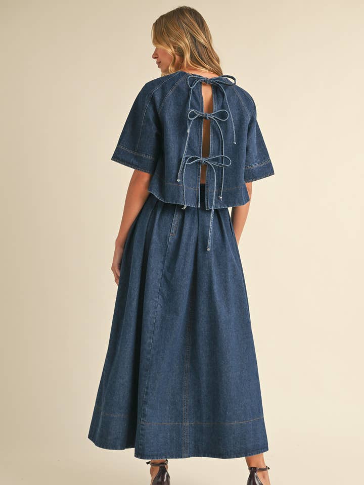 IT4079-A DENIM SHORT SLEEVE TOP WITH OPEN TIED BACK DETAIL for wholesale on Faire