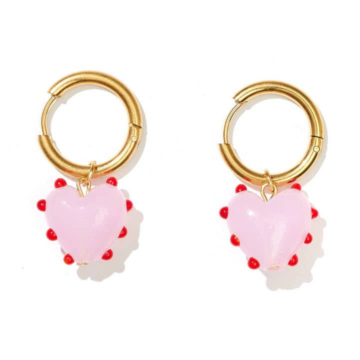 Heart Drop Hoops // red and pink on gold for wholesale by Emeldo