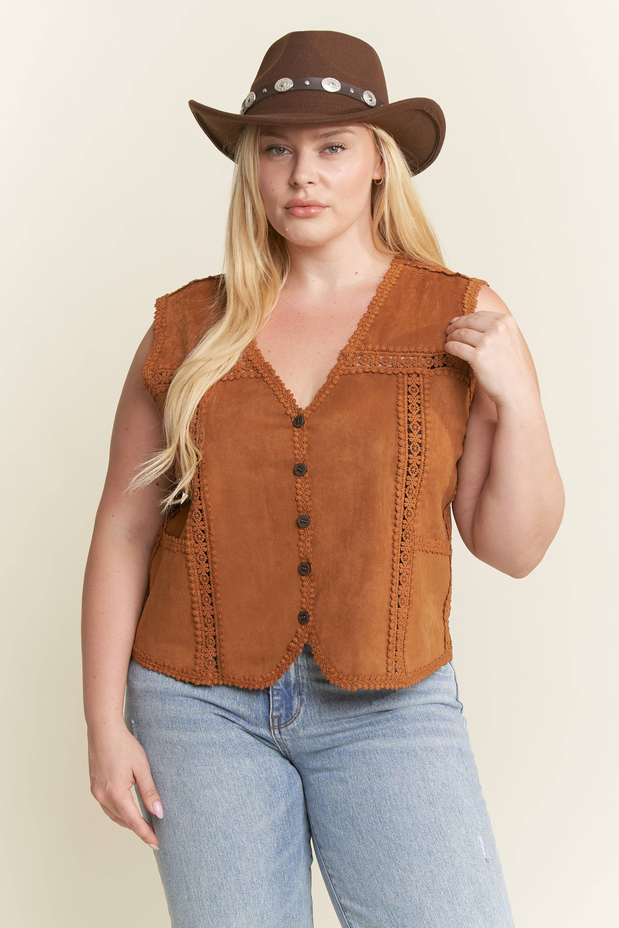 JADE BY JANE PLUS - Wholesale Outerwear Vest - Women's - PLUS SIZE SUEDE VEST WITH LACE TRIM7