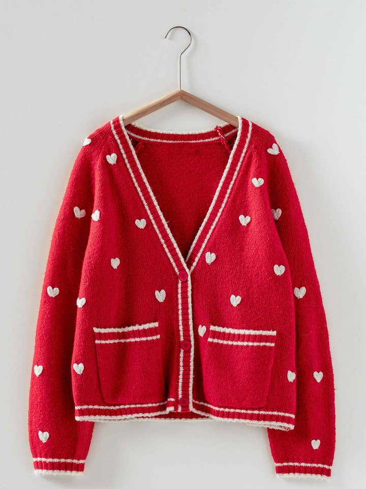 Heart Pattern Contrast Trim Knit Cardigan for wholesale by Urban Daizy