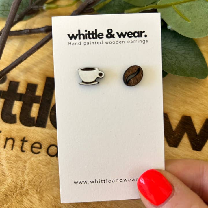 Coffee cup and bean studs for wholesale by Whittle and Wear