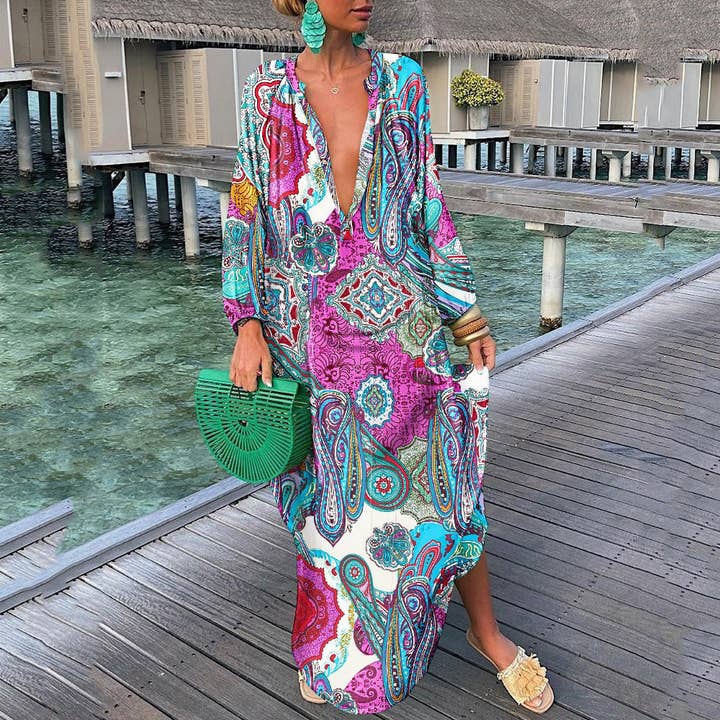 SALINA TRADING INC - Wholesale Dress - Women's - Women Bohemian Elegant Vintage Long Sleeve Button Loose Big V Neck Dress7