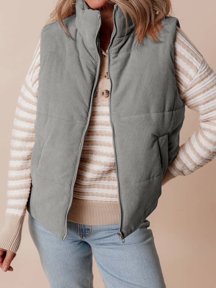 FULL TIME PURCHASE - Wholesale Outerwear Vest - Women's - Corduroy Stand Neck Zipped Puffer Vest4
