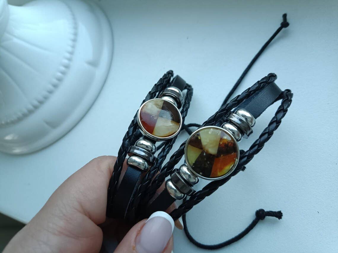 AmberLithuania - Wholesale Beaded Bracelet - Eco Leather and Baltic Amber adjustable bracelet for him her5