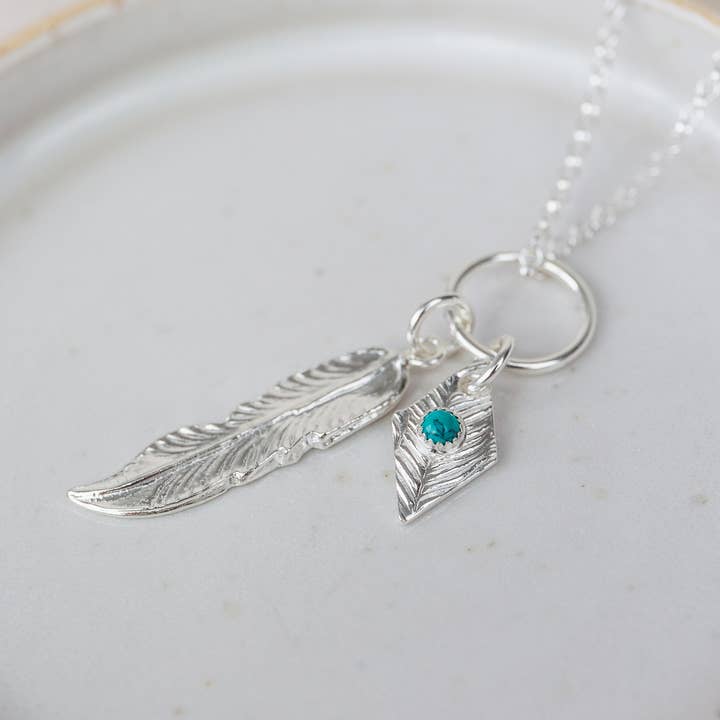 Lucy Kemp Jewellery - Wholesale Pendant/Charm Necklace - Sterling Silver Feather Pendant with Diamond and Turquoise