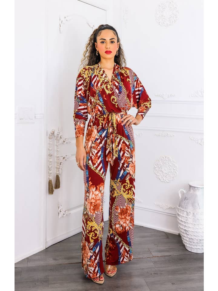 SurelyMine - Wholesale Jumpsuit - Women's - Red Chain Print Wide Leg Jumpsuit | Boho Chic One Piece5