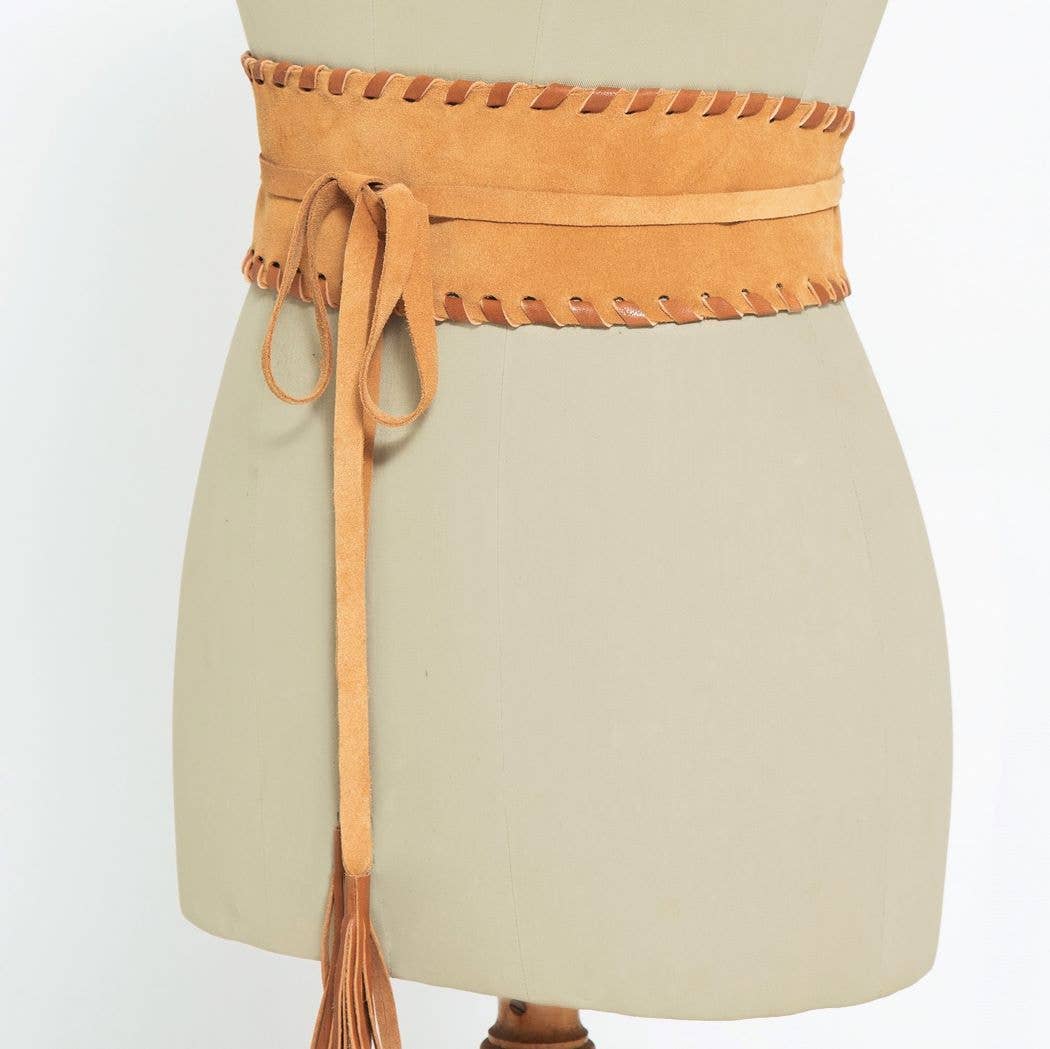 JUAN·JO GALLERY      (Leather Gallery, SCP) – Engroshandel Bælte - Dame – Boho-style bælte i ruskind med bindebånd - Brun2