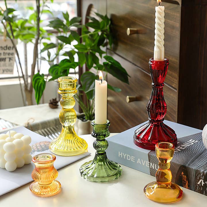 Glass Candlestick Holder Taper Candle Holder Tabletop Colors for wholesale by Sweet Home Deco