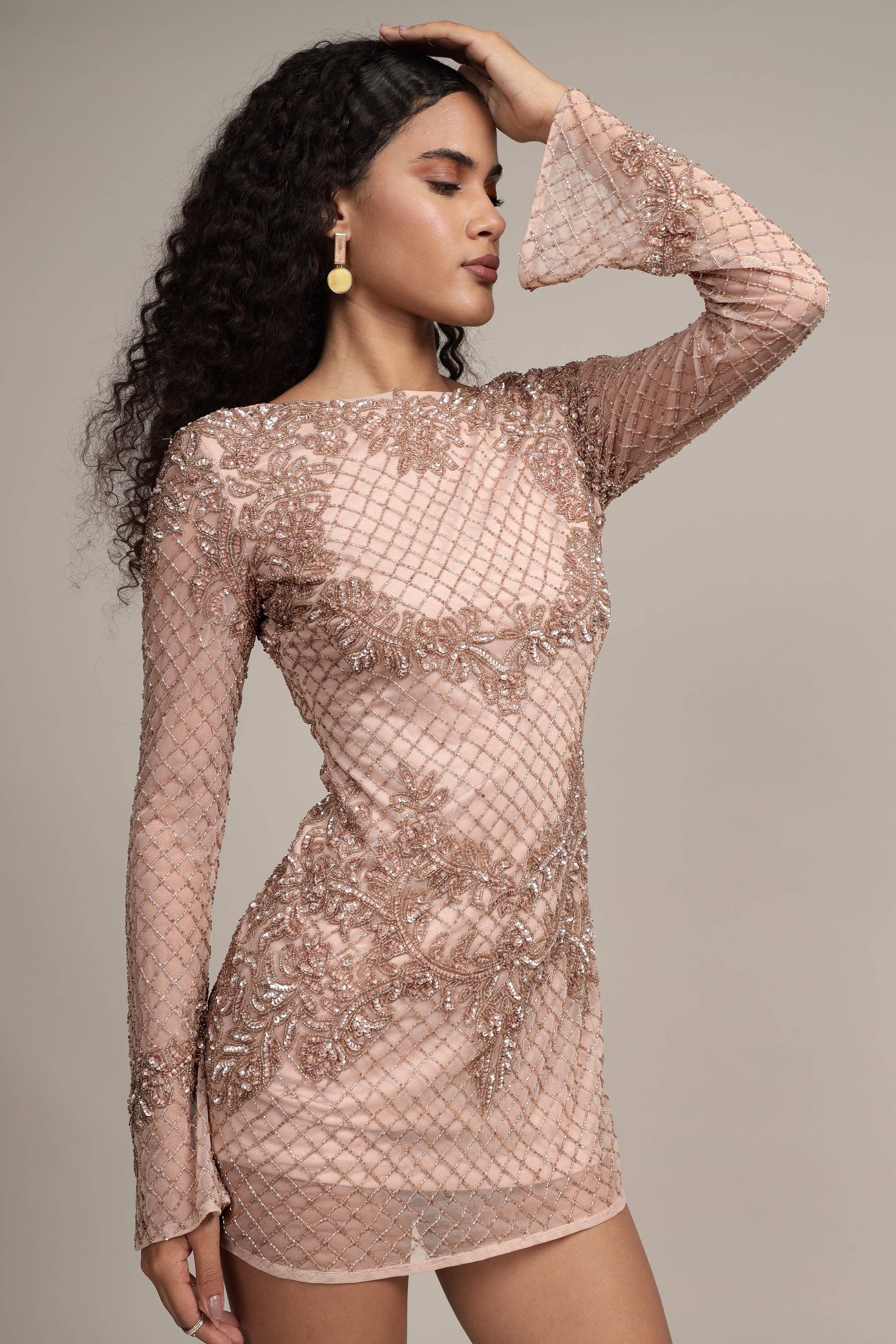 Nela Embellished Mini Dress in Mink for wholesale on Faire6