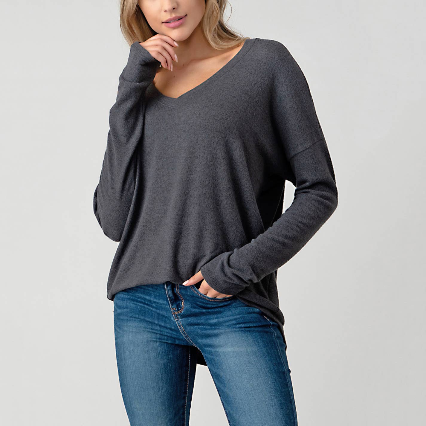 Heimious - Wholesale Knit Top - Women's - Long Sleeve V-neck Brushed Knit Top, 273836