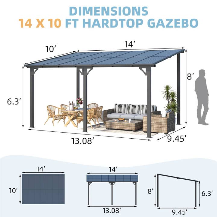 ShipItFurniture - Wholesale Patio Umbrella - 10' X 14' Hardtop Gazebo Outdoor Aluminum Pergola for Garden, Patio, Backyard-Gray5