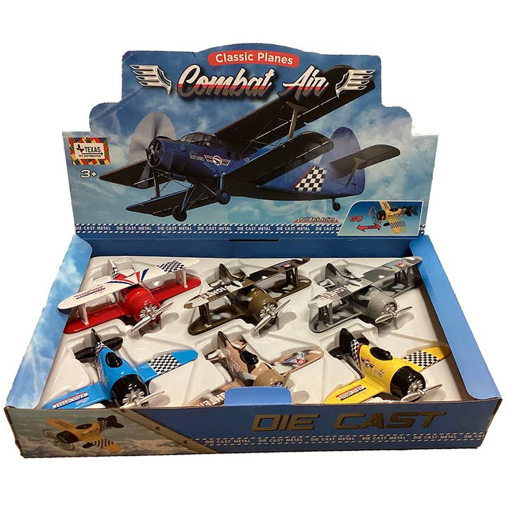 Texas Toy Distribution - Wholesale Toy Plane - Kids - Classic Combat Airplane Pull-Back Plane Toys, Display of 6