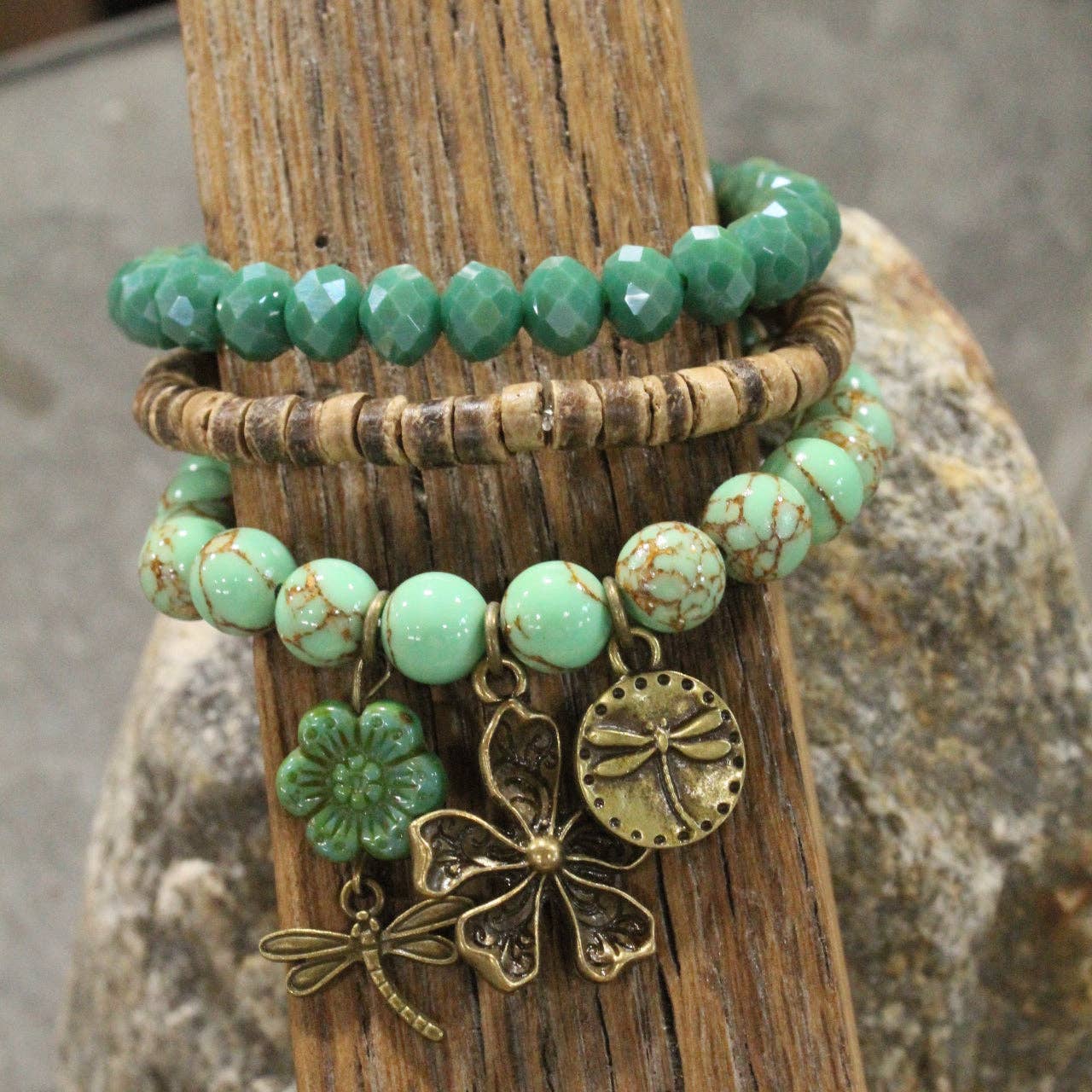 The Primitive Peddler, Inc. - Wholesale Charm/Dangle Bracelet - Picasso Wildflower Glass Bead Dragonfly Bracelet Set4
