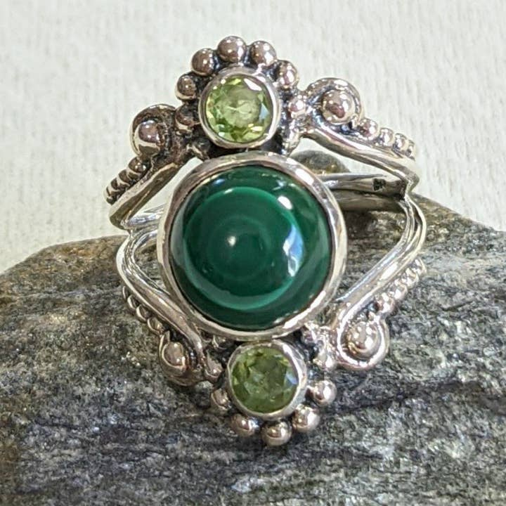 Saraswati Imports - Wholesale Cocktail/Statement Ring - Anastasia Malachite & Peridot Sterling Ring