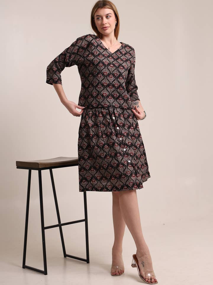 Linen Printed Black color Co-ord Set Of Top and Skirt for wholesale by Fabthread
