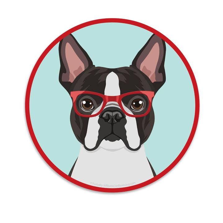 Boston Terrier Dog Hipster Die Cut Vinyl Sticker for wholesale by RetroPlanet