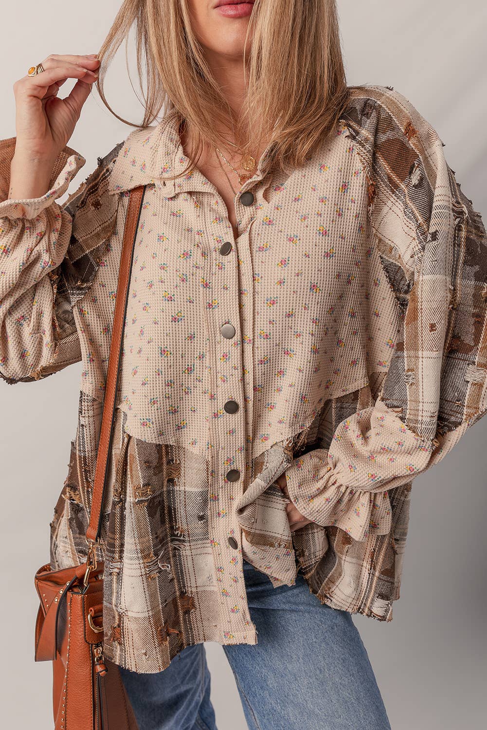 1 the Woman - Wholesale Shirt Jacket/Shacket - Women's - Distressed Detail Ruffled Sleeve Waffle Knit Shacket2