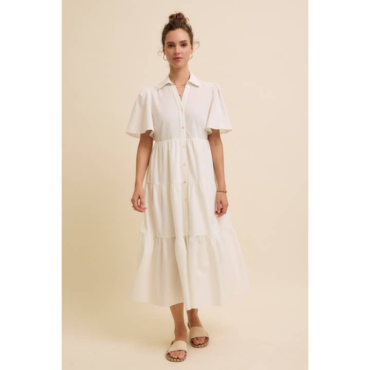 in february - Wholesale Dress - Women's - FLUTTER SLEEVED BUTTON-DOWN SHIRT MIDI DRESS