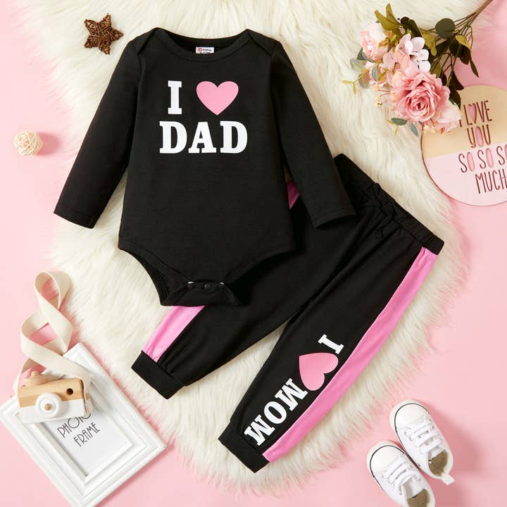 2-Piece Baby Girl Heart-Print Romper & Trousers Outfit for wholesale by PatPat